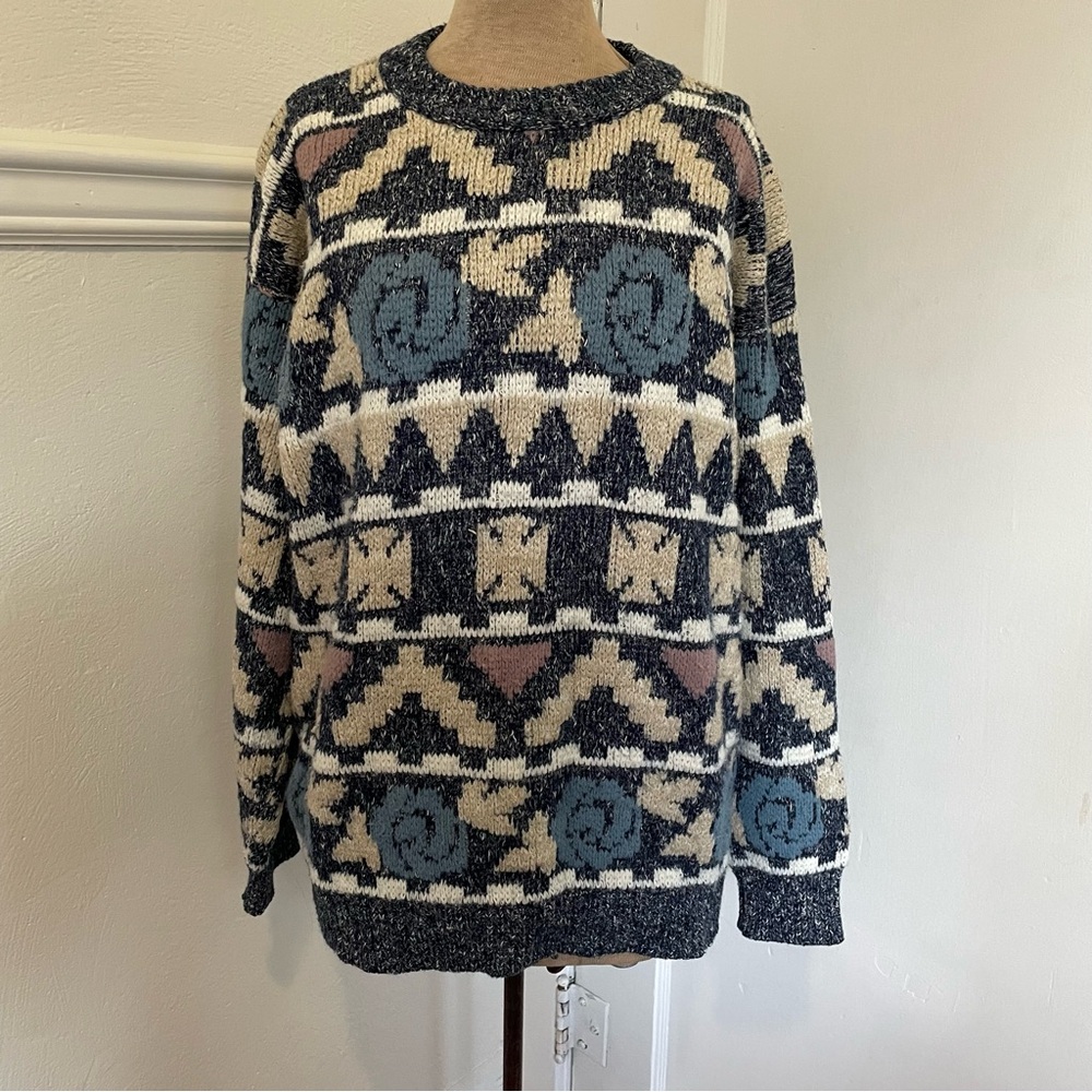 Vintage Geometric Pattern Sweater - Blue, Cream, Black